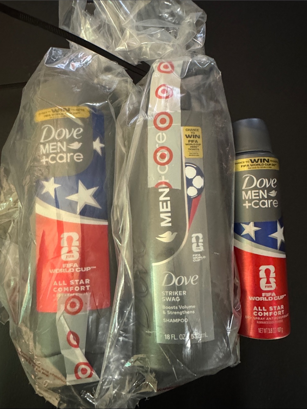 NEW: MENS DOVE FIFA Body Care Lot - Shampoo Deodorant & Body Wash